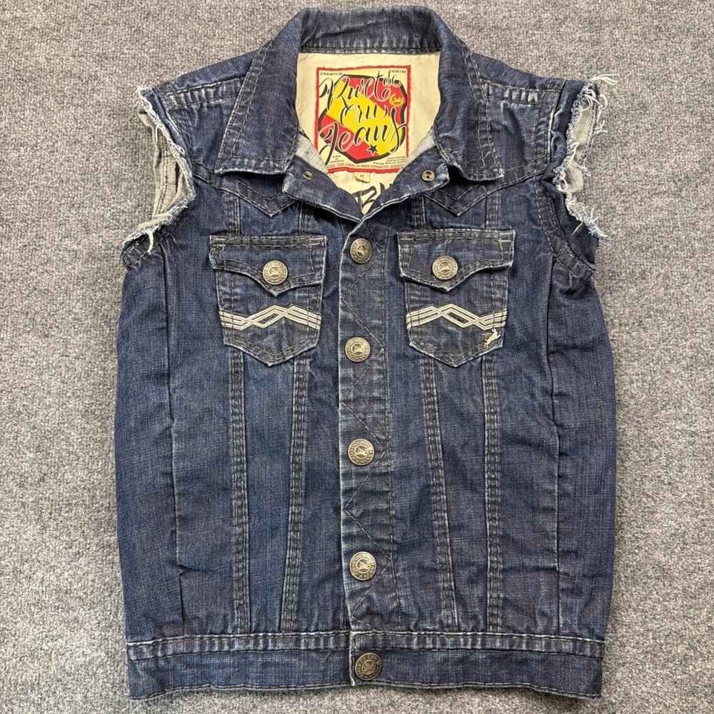 Rivet De Cru Denim Vest Mens Womens S Distressed Y2K Biker Grunge Viper Pit